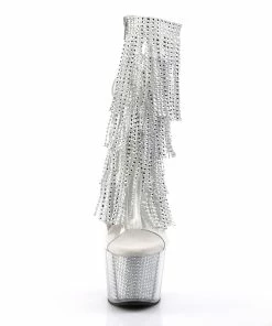 Pleaser Shoes By Pleaser USA ADORE-1017SRS Pleaser Shoes Silver Rhinestone Platform Fringe Stripper Boot Booties And Ankle High Boots