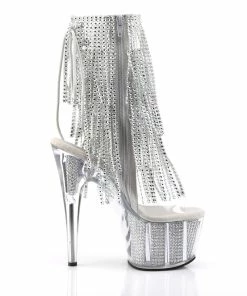 Pleaser Shoes By Pleaser USA ADORE-1017SRS Pleaser Shoes Silver Rhinestone Platform Fringe Stripper Boot Booties And Ankle High Boots