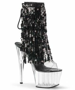 Pleaser Shoes By Pleaser USA ADORE-1017SQF Pleaser Shoes Black Sequin Clear Platform Exotic Dancer Boots