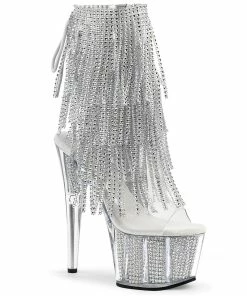 Pleaser Shoes By Pleaser USA ADORE-1017SRS Pleaser Shoes Silver Rhinestone Platform Fringe Stripper Boot Booties And Ankle High Boots