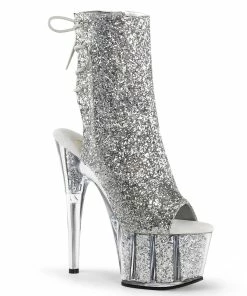 Pleaser Shoes By Pleaser USA ADORE-1018G Pleaser Shoes Silver Glitter Ankle High Stripper Boots Booties And Ankle High Boots