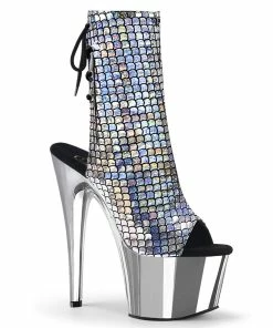 Pleaser Shoes By Pleaser USA Booties And Ankle High Boots ADORE-1018MSC Pleaser Shoes Silver Hologram Platform Stripper Boot