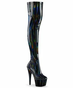 Pleaser Shoes By Pleaser USA ADORE-3000HWR Pleaser Shoes Black Holographic Thigh High Boot
