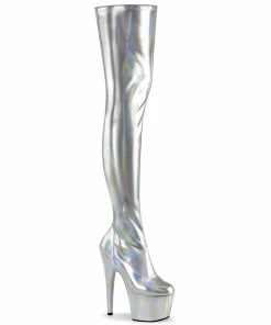 Pleaser Shoes By Pleaser USA ADORE-3000HWR Pleaser Shoes Silver Stretchy Thigh High Boot