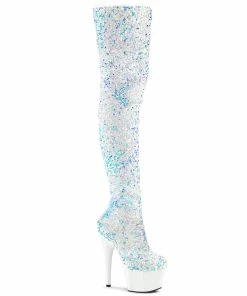 Pleaser Shoes By Pleaser USA Thigh High Boots ADORE-3020 Pleaser Shoes White Multi Sequined Thigh High Stripper Boot