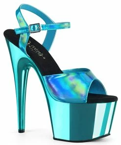 Pleaser Shoes By Pleaser USA ADORE-709HGCH Pleaser Shoes Turquoise Hologram And Chrome Stripper Shoe 7 Inch Heels