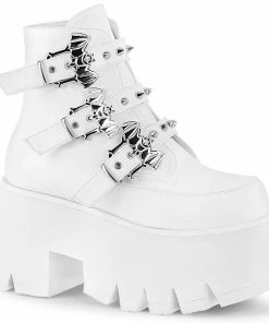 Demonia Shoes Women's Demonia Footwear ASHES-55 White Demonia Vegan Leather Platform Gothic Bootie