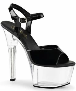 Pleaser Shoes By Pleaser USA 6 Inch Heels ASPIRE-609 Clear Platform Black Patent Comfortable Stripper Sandal