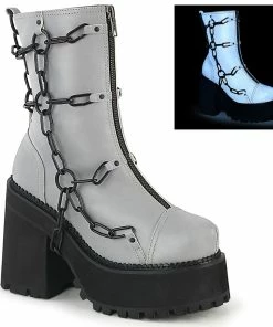 Women's Demonia Footwear ASSAULT-66 Demonia Shoes Grey Reflective Gothic Boots