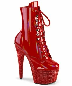 Pleaser Shoes By Pleaser USA BEJEWELED-1020-7 Pleaser Shoes Red Holo Patent Stripper Boots Booties And Ankle High Boots