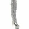 Pleaser Shoes By Pleaser USA BEJEWELED-3019RSF-7 Pleaser Shoes Silver Rhinestone Fringe Platform Thigh High Stripper Boot