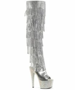 Pleaser Shoes By Pleaser USA BEJEWELED-3019RSF-7 Pleaser Shoes Silver Rhinestone Fringe Platform Thigh High Stripper Boot