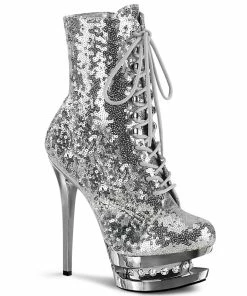 Pleaser Shoes By Pleaser USA BLONDIE-R-1020 Silver Sequin Platform Ankle Boot Booties And Ankle High Boots