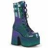 Demonia Shoes CAMEL-250 Purple Green Patent Mid Calf Demonia Boots