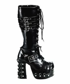 Women's Demonia Footwear CHARADE-206 Demonia Shoes Studded Corset Gothic Knee High Boot
