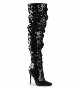 Pleaser Shoes By Pleaser USA COURTLY-3011 Pleaser Shoes Black Sequin Thigh High Sexy Boot Halloween Costume Footwear