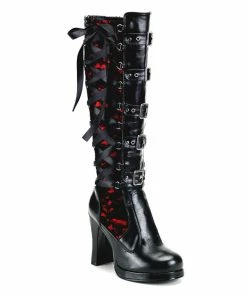 Demonia Shoes CRYPTO-106 Black & Red Demonia Gothic Knee Boot Women's Demonia Footwear