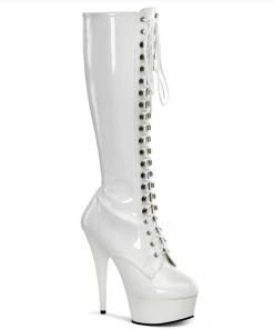 Pleaser Shoes By Pleaser USA DELIGHT-2023 White Patent Platform Knee High Pole Dancing Boot Halloween Costume Footwear