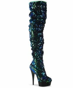 Pleaser Shoes By Pleaser USA Thigh High Boots DELIGHT-3004 Pleaser Shoes Green Iridescent Sequin Thigh High Sexy Boots