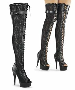 Pleaser Shoes By Pleaser USA DELIGHT-3025ML Pleaser Shoes Black Lace Thigh High Stripper Boot Thigh High Boots