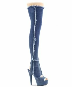 Pleaser Shoes By Pleaser USA Thigh High Boots DELIGHT-3030 Pleaser Shoes Denim Open Toe/Heel Platform Stripper Boot
