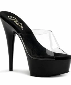 Pleaser Shoes By Pleaser USA DELIGHT-601 Pleaser Shoes Clear Upper Black Platform Stripper Slide Shoe 6 Inch Heels