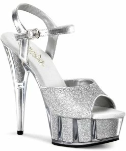 Pleaser Shoes By Pleaser USA DELIGHT-609-5G Metallic Silver Glitter Platform Stripper Sandal