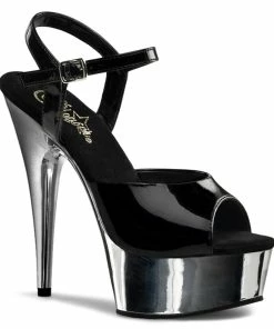Pleaser Shoes By Pleaser USA DELIGHT-609 Pleaser Shoes Silver Chrome Black Patent Stripper Shoe
