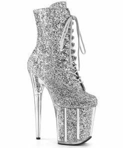 Pleaser Shoes By Pleaser USA FLAMINGO-1020G Silver Glitter Platform Stripper Shoes
