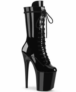 Pleaser Shoes By Pleaser USA FLAMINGO-1050 Pleaser Shoes Black Patent Pole Dancing Boot Booties And Ankle High Boots