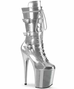 Pleaser Shoes By Pleaser USA FLAMINGO-1053 Pleaser ShoesSilver Metallic Mid Calf Pleaser Stripper Boot Knee High And Mid Calf Boots
