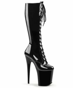 Pleaser Shoes By Pleaser USA FLAMINGO-2023 Please Shoes Black Patent Platform Exotic Dancer Boot Knee High And Mid Calf Boots