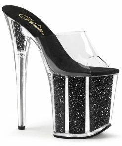 Pleaser Shoes By Pleaser USA FLAMINGO-801G Pleaser Shoes Black Glitter Stripper Shoe 8 Inch Heels