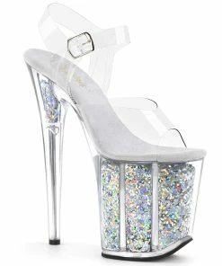 Pleaser Shoes By Pleaser USA FLAMINGO-808GF Pleaser Shoes Silver Glitter Exotic Dancer Shoe 8 Inch Heels