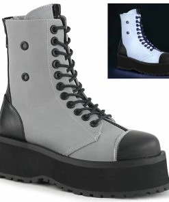 GRAVEDIGGER-10 Demonia Shoes Grey Reflective Platform Gothic Boot Unisex Demonia Footwear