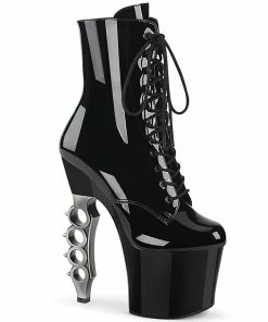 Pleaser Shoes By Pleaser USA IRONGRIP-1020 Pleaser Shoes Black Patent Stripper Shoes Booties And Ankle High Boots