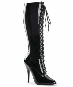 Pleaser Shoes By Pleaser USA Halloween Costume Footwear SEDUCE-2020 Pleaser Shoes Black Patent Lace Up Knee High Boot