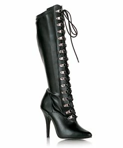 Pleaser Shoes By Pleaser USA SEDUCE-2024 Pleaser Shoes Black Vegan Lace Up Knee High Sexy Boot Knee High And Mid Calf Boots