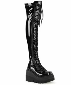 SHAKER-374 Demonia Shoes Thigh High Wedge Platform Goth Boot Women's Demonia Footwear