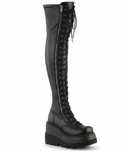 Demonia Shoes Women's Demonia Footwear SHAKER-374 Demonia Shoe Black PU Platform Thigh High Boot
