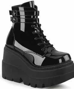 Demonia Shoes Women's Demonia Footwear SHAKER-52 Black Patent Wedge Demonia Gothic Bootie