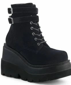 SHAKER-52 Demonia Shoes Wedge Platform Black Velvet Gothic Boot