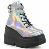 Demonia Shoes SHAKER-52 Silver Hologram Platform Demonia Boot Women's Demonia Footwear
