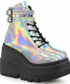 Demonia Shoes SHAKER-52 Silver Hologram Platform Demonia Boot Women's Demonia Footwear