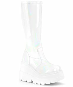 Demonia Shoes Knee High And Mid Calf Boots SHAKER-65 White Hologram Platform Knee High Demonia Boot
