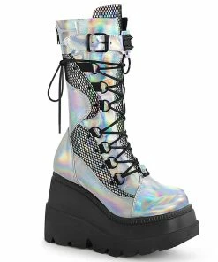 SHAKER-70 Demonia Shoes Silver Hologram Knee Boot Women's Demonia Footwear