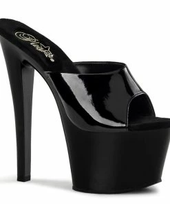 Pleaser Shoes By Pleaser USA SKY-301 Pleaser Shoes Black Patent Platform Slide Stripper Shoes 7 Inch Heels