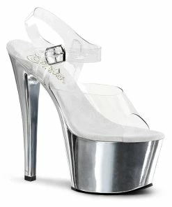 Pleaser Shoes By Pleaser USA SKY-308 Pleaser Shoes Silver Chrome Platform Stripper Shoes 7 Inch Heels