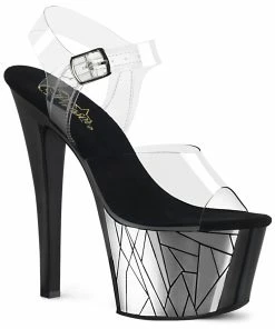 Pleaser Shoes By Pleaser USA SKY-308CP-3 Pleaser Shoes Chrome Shattered Glass Design Pole Dancing Shoes 7 Inch Heels