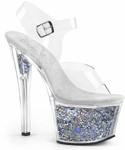Pleaser Shoes By Pleaser USA 7 Inch Heels SKY-308GF Silver Glitter Platform Stripper Shoes